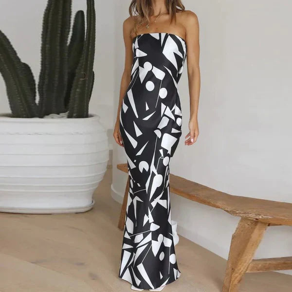 Strapless zeemeermin jurk met geometrische print