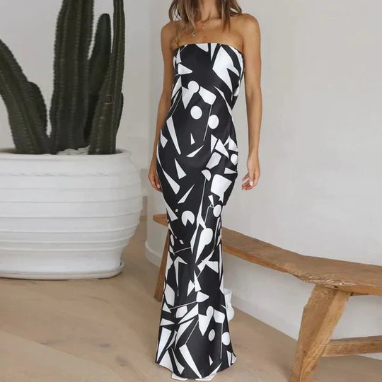 Strapless zeemeermin jurk met geometrische print