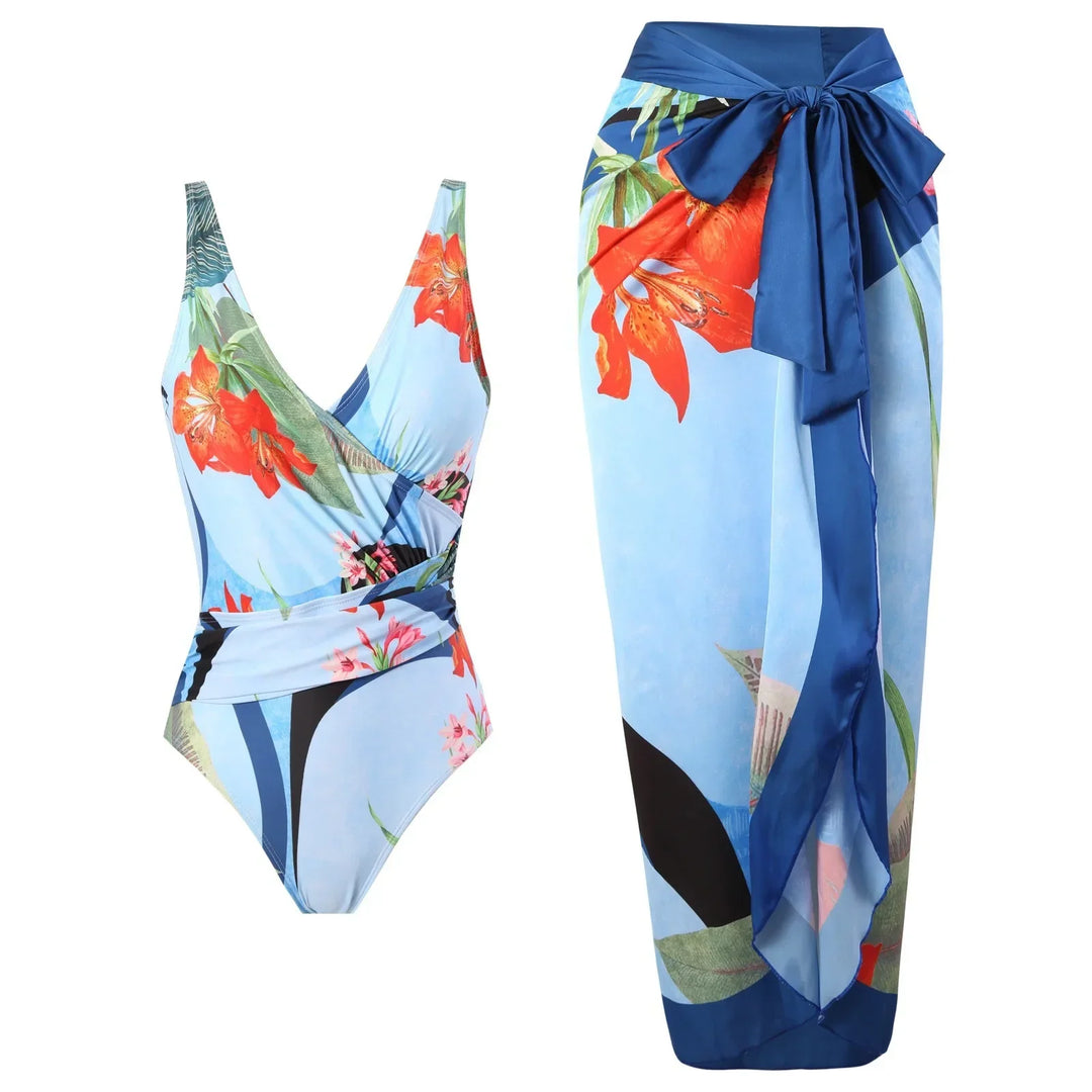 Heidi-Mode | Elegant Blau Blätter Gedruckt Einteiler Badeanzüge Damen Mode Hohe Taille Hängender Hals Bademode Französisch Bedeckter Bauch Bikini