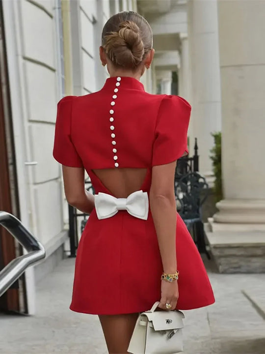 Heidi-Mode | Fashion Rote Schleife Mini Kleid Kurzarm Frauen Polster Schulter Kleider Rückenfrei Hohl aus Damen Sommer Chic A-Linie Festkleider