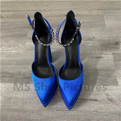 Heidi-Mode | Luxus Frauen High-Heels Schuh Plattform Sandalen Spitz Zehe Damen Seiden Pumps Sexy Strass Schnalle Chunky Absatz Hochzeitsschuhe