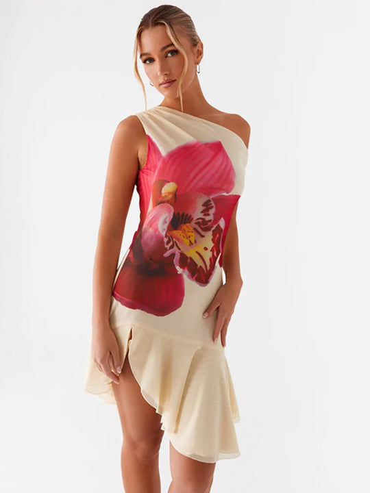 Heidi-Mode | Schräger Kragen Rüschendruck Sexy Mini Kleid für Frauen Off Shoulder Ohne Ärmel Ohne Rücken Hohe Taille Bedrucktes Kleid Vestido