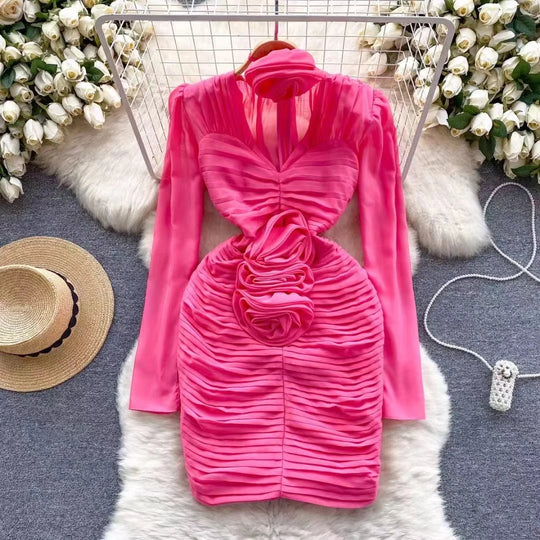 Heidi-Mode | Neue Französische Frühling 3D Rose Blume Chiffon Falten Mini Kleid Catwalk Frauen Sexy V-Ausschnitt Puffärmel Falten Slim Bodycon Festkleid