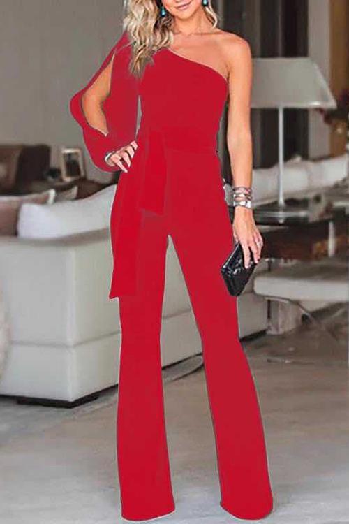 Heidi-Mode | Einfarbiger One Shoulder Gürtel Jumpsuit