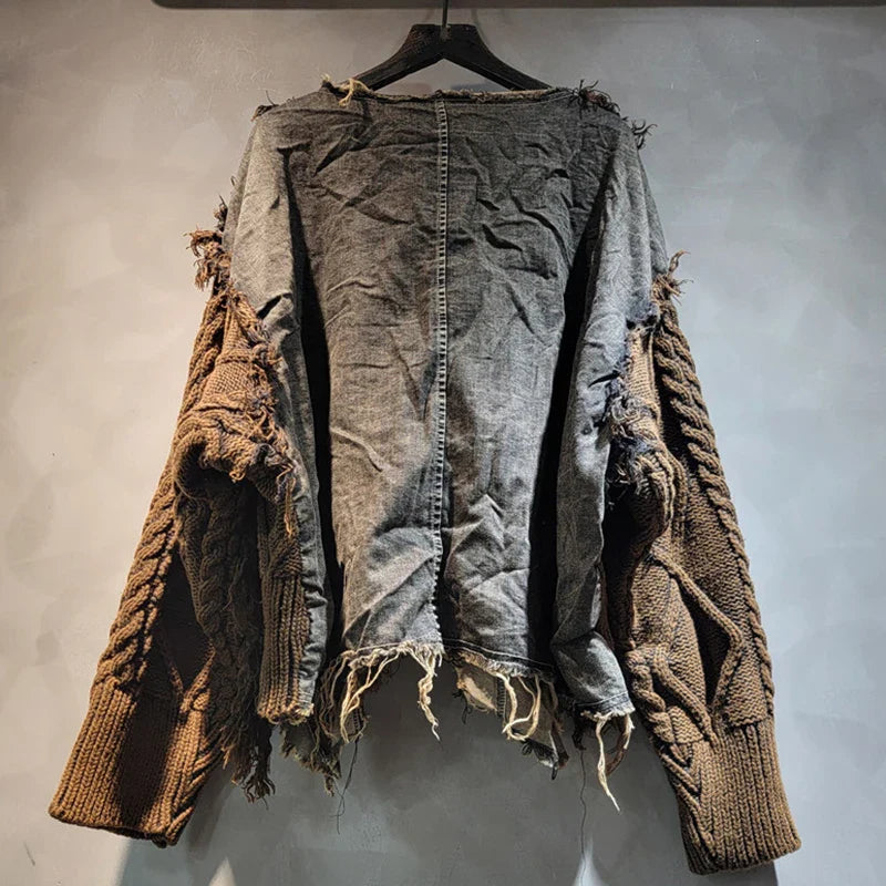 Heidi-Mode | Herbst Neue Waren Mode Frauen Twists Strick Splice Denim Kurz Pullover Locker Rundhalsausschnitt Langärmelig für Die Oberseite Weiblich