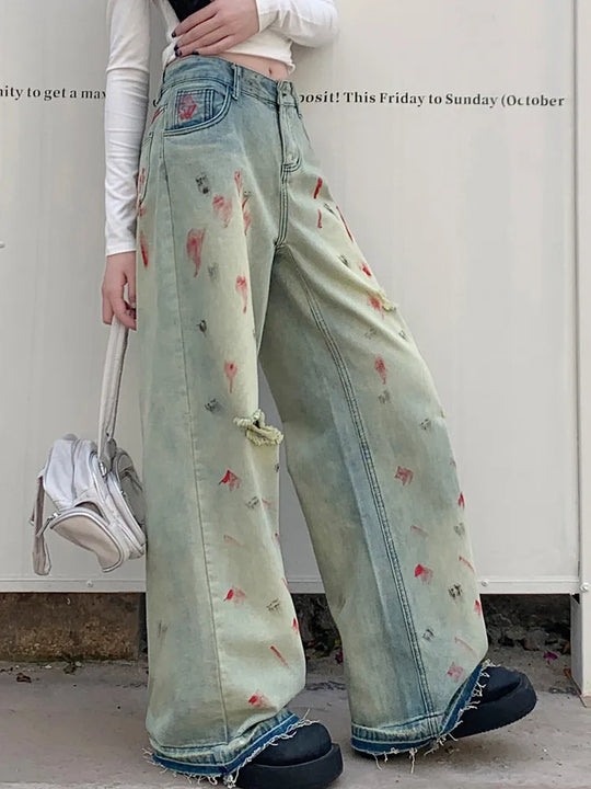 Heidi-Mode | Cyber Y2K Mode Ink Spray Jahrgang Blau Riss Baggy Neue Jeans Hosen für Frauen Kleidung Breite Beine Alte Gerade Damen Hosen