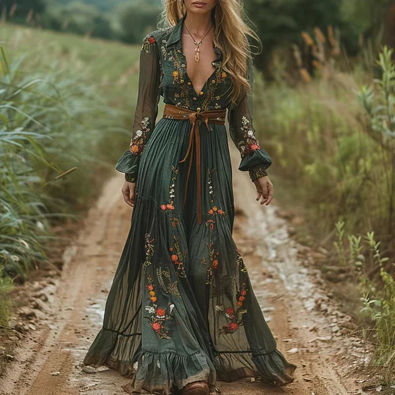 Heidi-Mode | Niedrig V-Ausschnitt Langarm Boho Stil Maxikleid Iricka