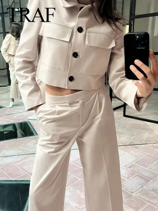 Heidi-Mode | Frühling Frauenmode Beige Blau Jacke Anzug Ein-Knopf Jacke Frauen Hohe Taille Lässige Baggy Hosen 2 Teilig Set
