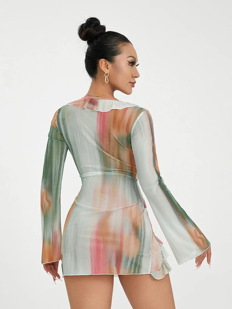 Heidi-Mode | Frauen Mini Kleid Langarm Schnürung Tie Dye Print Patchwork Strapazierfähiges Bodycon Kleid für Club Party