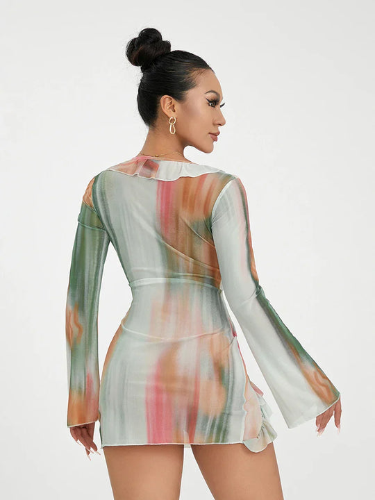 Heidi-Mode | Frauen Mini Kleid Langarm Schnürung Tie Dye Print Patchwork Strapazierfähiges Bodycon Kleid für Club Party