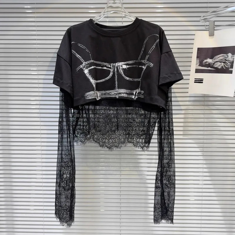 Heidi-Mode | Gemustertes Gedrucktes Kurzarm Wellen Spitzen T-Shirt Zwei Teile Set für Frauen Frühling Neue Artikel Lässige Kleidung