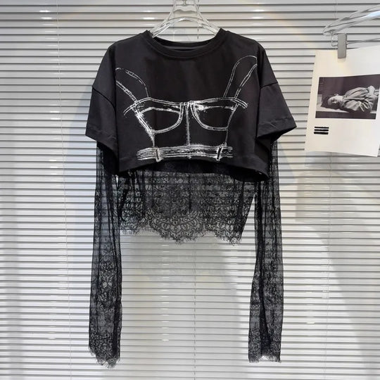 Heidi-Mode | Gemustertes Gedrucktes Kurzarm Wellen Spitzen T-Shirt Zwei Teile Set für Frauen Frühling Neue Artikel Lässige Kleidung