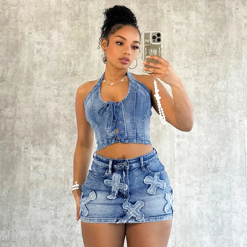 Heidi-Mode | Besticktes Denim Crop Top Mini Micro Y2k Rock Korsatzt Schnürsatz Co Ord