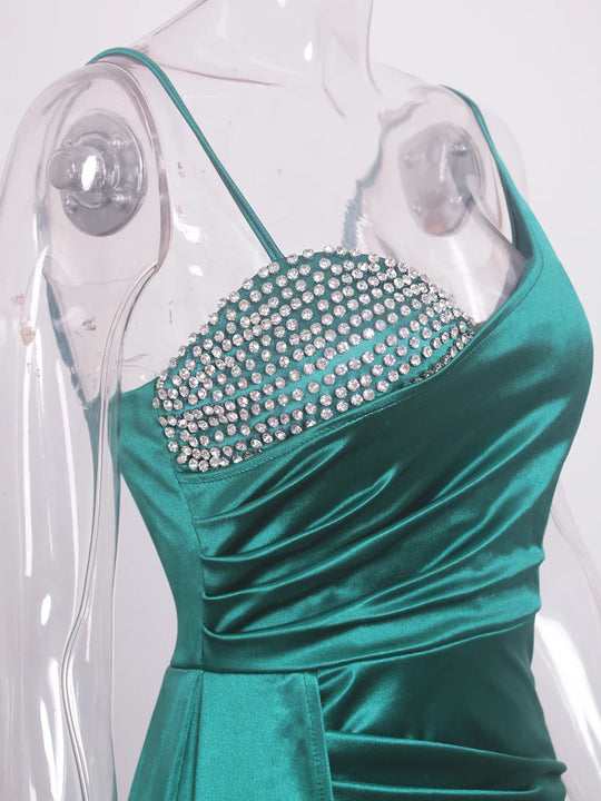 Heidi-Mode | Satin Strass Büste Seiten Schleppe Split Kleider