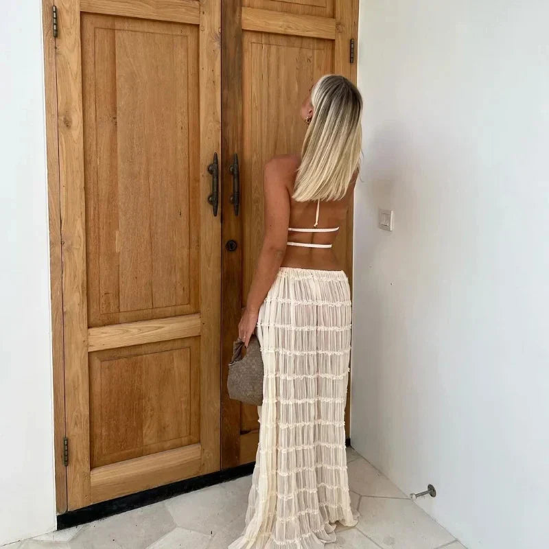 Heidi-Mode | Damen Sommerferien Strand Cover Ups Kleid Set Ärmellos Raffung Halterneck Lange Rock Anzug Top Schnüre Falten Maxi Röcke