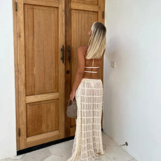 Heidi-Mode | Damen Sommerferien Strand Cover Ups Kleid Set Ärmellos Raffung Halterneck Lange Rock Anzug Top Schnüre Falten Maxi Röcke