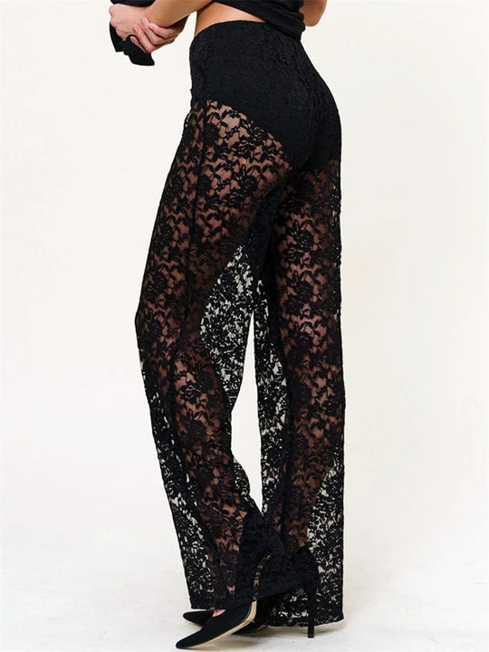 Heidi-Mode | Damen Transparente Spitzenhose Hohe Taille Breite Bein Flare Hose Bell Bottoms Club Strand Sexy Hose Streetwear