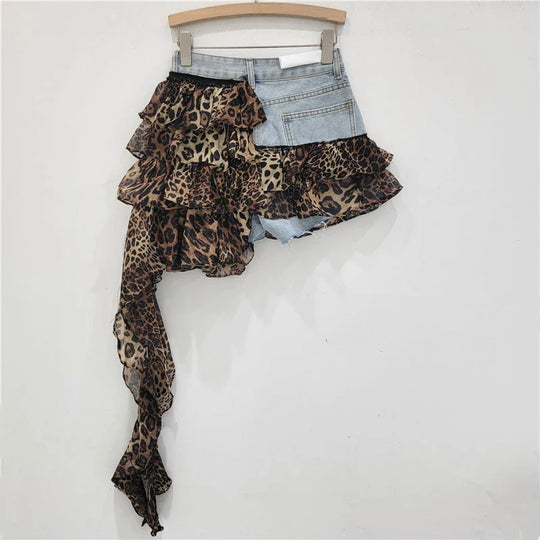 Heidi-Mode | Denim-Splicing Unregelmäßige Kurze Röcke für Frauen Sommer Neue Mode Vielseitiger Chiffon Minirock Frau Trend