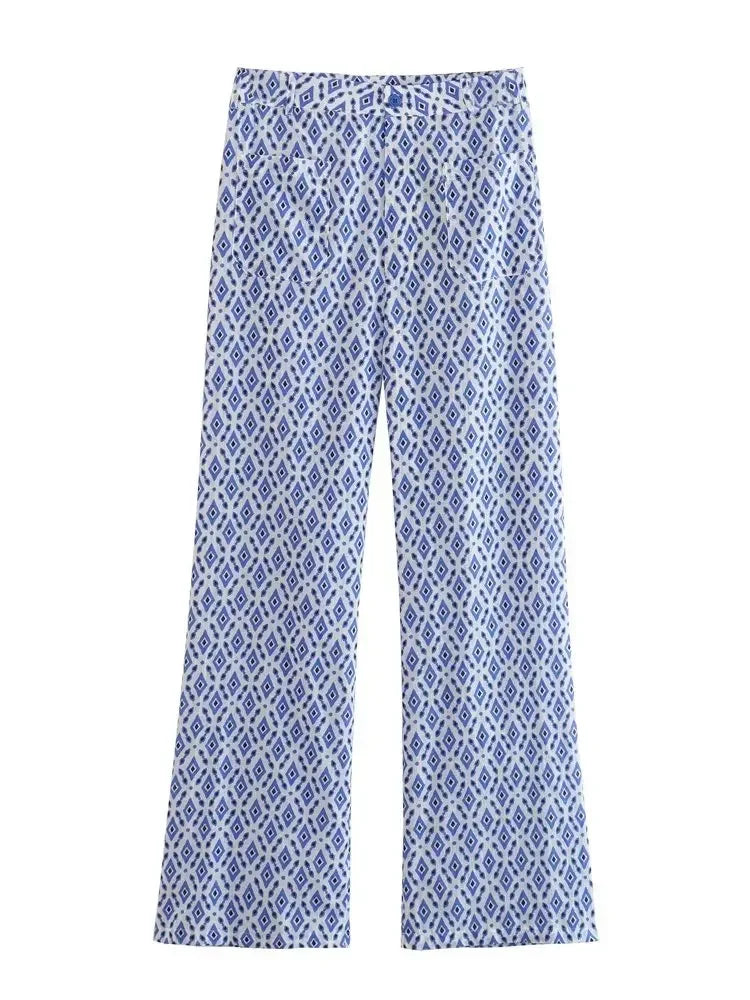 Heidi-Mode | Damen Tern Print Top Hose Set Mode Sommer Neu Frauen O-Ausschnitt Ohne Ärmel Schnüren Kurz Top und Hohe Taille Lange Hosen