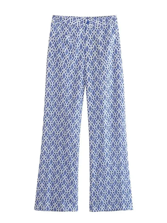 Heidi-Mode | Damen Tern Print Top Hose Set Mode Sommer Neu Frauen O-Ausschnitt Ohne Ärmel Schnüren Kurz Top und Hohe Taille Lange Hosen