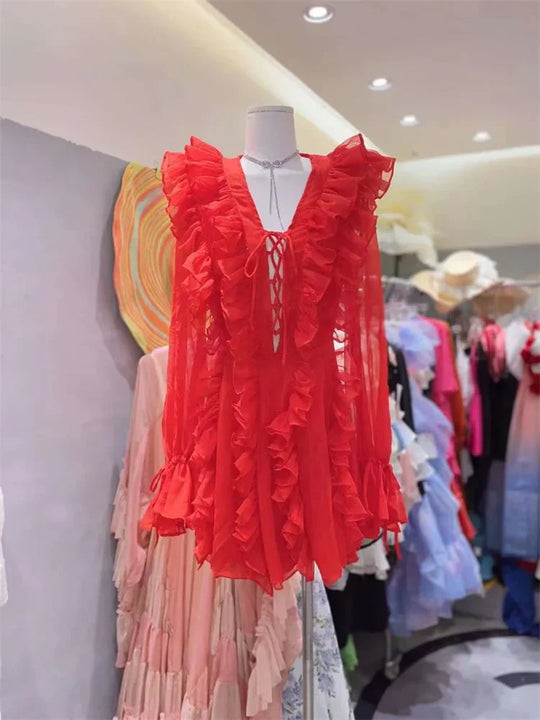 Heidi-Mode | Tossy V-Ausschnitt Schnürung Rüschensommerkleid für Frauen Mesh Bandage Hohe Taille Mode Abendkleid Kleid Weibliches Minikleid