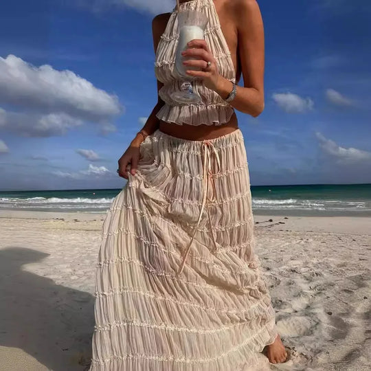 Heidi-Mode | Damen Sommerferien Strand Cover Ups Kleid Set Ärmellos Raffung Halterneck Lange Rock Anzug Top Schnüre Falten Maxi Röcke