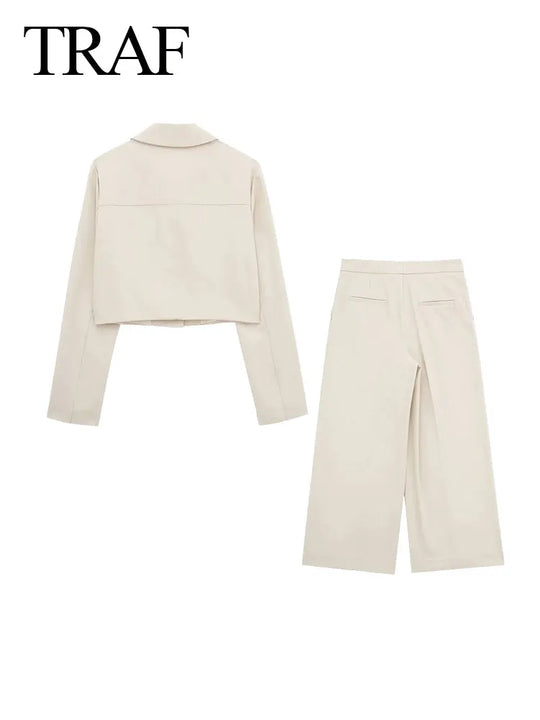 Heidi-Mode | Frühling Frauenmode Beige Blau Jacke Anzug Ein-Knopf Jacke Frauen Hohe Taille Lässige Baggy Hosen 2 Teilig Set