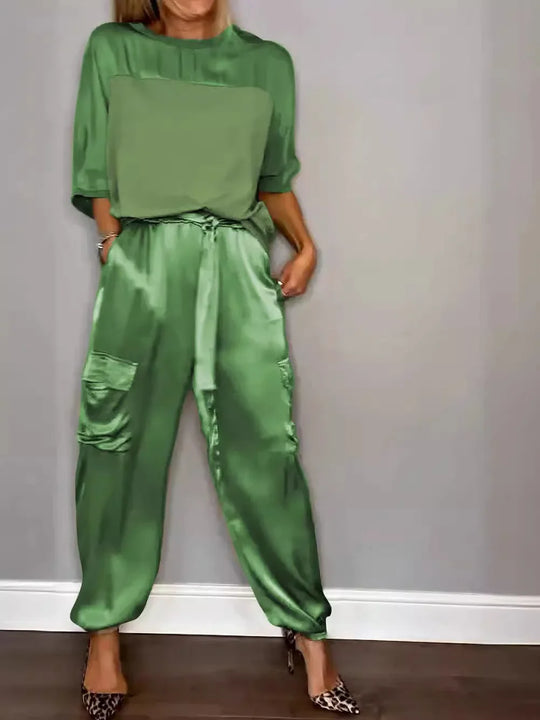 Heidi-Mode | Sommer Satin 2 Teilig Set Frauen Lässig Einfarbig 2 Teilig Outfit Halblange Ärmel Top Lockere Passform Hosen Set Zwei Teilige Set