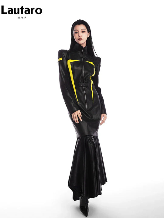 Heidi-Mode | Lautaro Frühling Herbst Cool Rot und Schwarz Patchwork Kunstleder Maxi Kleid Frauen mit Abnehmbarem Rand Luxus Designer Kleidung