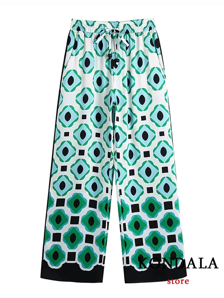 Heidi-Mode | Geometrischer Druck Vintage Frauen Anzüge Herbstmode Übergröße Lange Blusen und Hohe Taille Breite Bein Hosen Frauen Set
