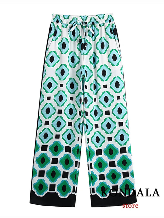 Heidi-Mode | Geometrischer Druck Vintage Frauen Anzüge Herbstmode Übergröße Lange Blusen und Hohe Taille Breite Bein Hosen Frauen Set
