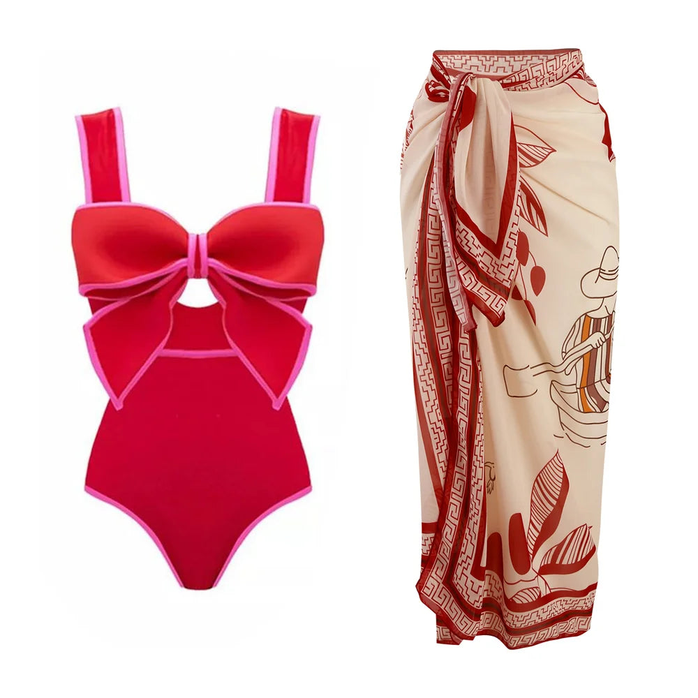 Heidi-Mode | Einteiler Badeanzug mit Passendem Midi Rock für Frauen Neue Bademode Frau Schleife Dekor Monokini Strand Badeanzug