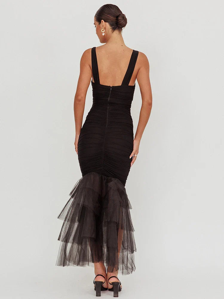 Heidi-Mode | Mesh Rückenfreies Sexy Maxikleid für Frauen Gown mit Lagen Spaghetti-Trägern Ärmellos Gerafftes Bodycon Club Party Kleid