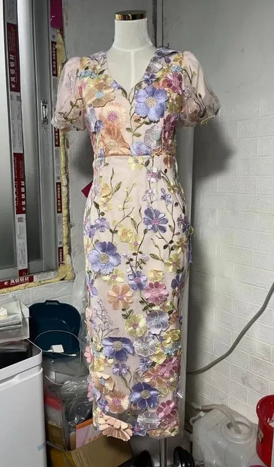 Heidi-Mode | Runway Frühling/Sommer Neu Mesh 3D Blumenstickerei Perspektiv Abend Prom Kleid Frauen Urlaub Robe Vestido Fest