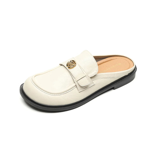 Heidi-Mode | Frühling Neue Frauen Flache Slipper Britischer Stil Schwarz Metall Dekoration Damen Freizeit Mules Arbeit und Outdoor Kleidung Große Größe
