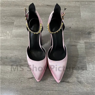 Heidi-Mode | Luxus Frauen High-Heels Schuh Plattform Sandalen Spitz Zehe Damen Seiden Pumps Sexy Strass Schnalle Chunky Absatz Hochzeitsschuhe