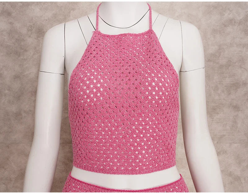 Heidi-Mode | Gestrickte Hals-Halter Rückenfreies Crop & Mini Rock Sets