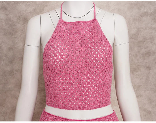 Heidi-Mode | Gestrickte Hals-Halter Rückenfreies Crop & Mini Rock Sets