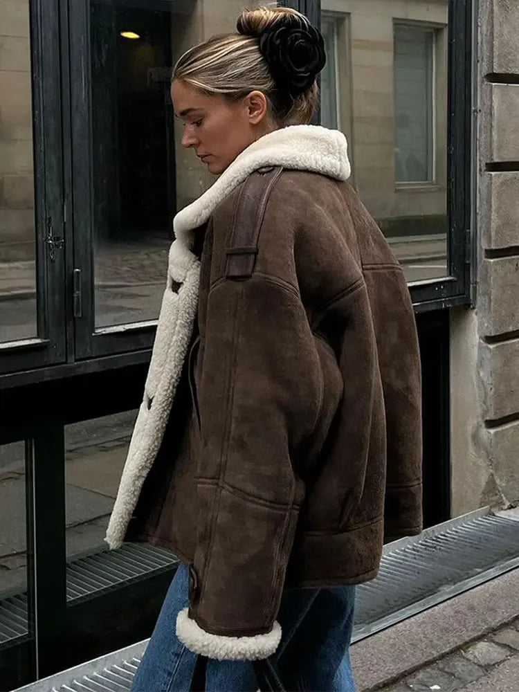 Heidi-Mode | Luxuriöse Pilotenjacke mit Wollfutter Faux Wildleder und Fleece Warm und Stilvoll