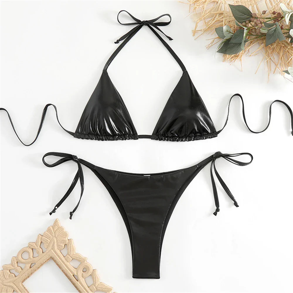 Heidi-Mode | Halter Triangle Sexy Bikini Set Frauen Patentleder Glitzer Badeanzug Sommer Einfarbig G String Bademode Seitenschnürung Monokini