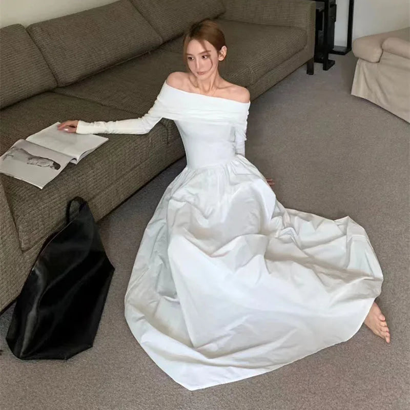 Heidi-Mode | Schwarz Elegant Slash Neck Lange Kleid Frauen Y2K Frühling Koreanisch Sexy Off Shoulder Lange Ärmel Kleid Mode Alle Match Festkleider