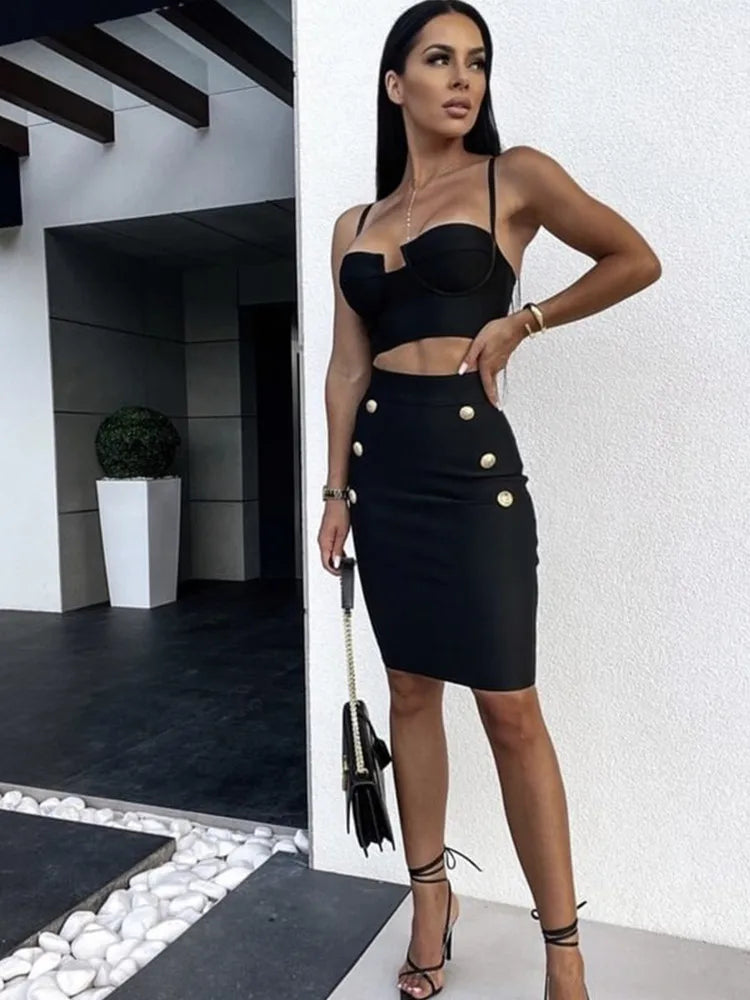 Heidi-Mode | Frauen Sommer Sexy Ärmellos V-Ausschnitt Knopf Schwarz Beige Heißpink Mini Bodycon Bandage Set Elegant Abendclub Party Outfits