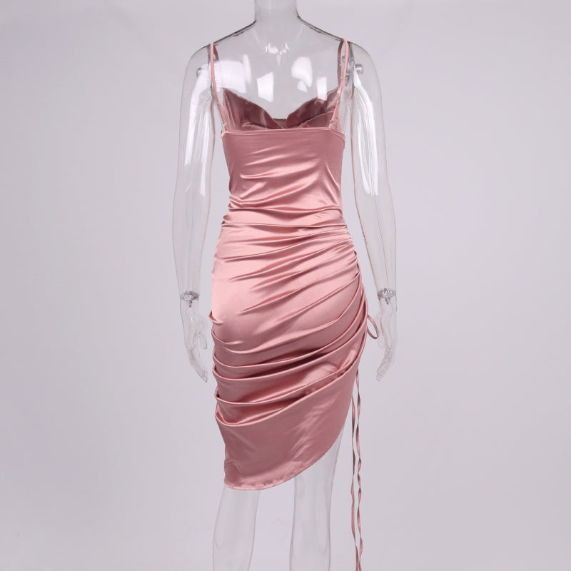 Heidi-Mode | Satin Ärmelloses Rüschen Drawstring Midi Kleider