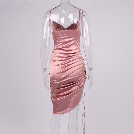Heidi-Mode | Satin Ärmelloses Rüschen Drawstring Midi Kleider