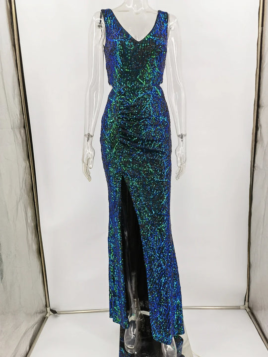 Heidi-Mode | Pailletten Hohes Seitenteil Ärmelloses Maxikleid