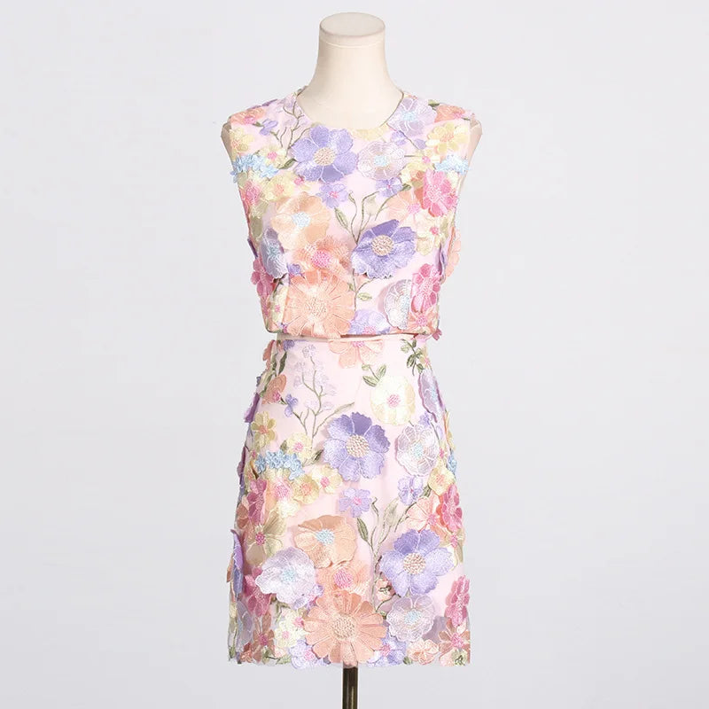 Heidi-Mode | Runway Frühling/Sommer Neu Mesh 3D Blumenstickerei Perspektiv Abend Prom Kleid Frauen Urlaub Robe Vestido Fest