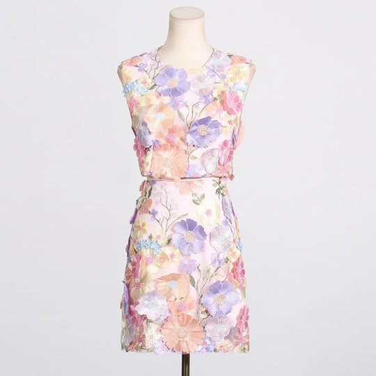 Heidi-Mode | Runway Frühling/Sommer Neu Mesh 3D Blumenstickerei Perspektiv Abend Prom Kleid Frauen Urlaub Robe Vestido Fest