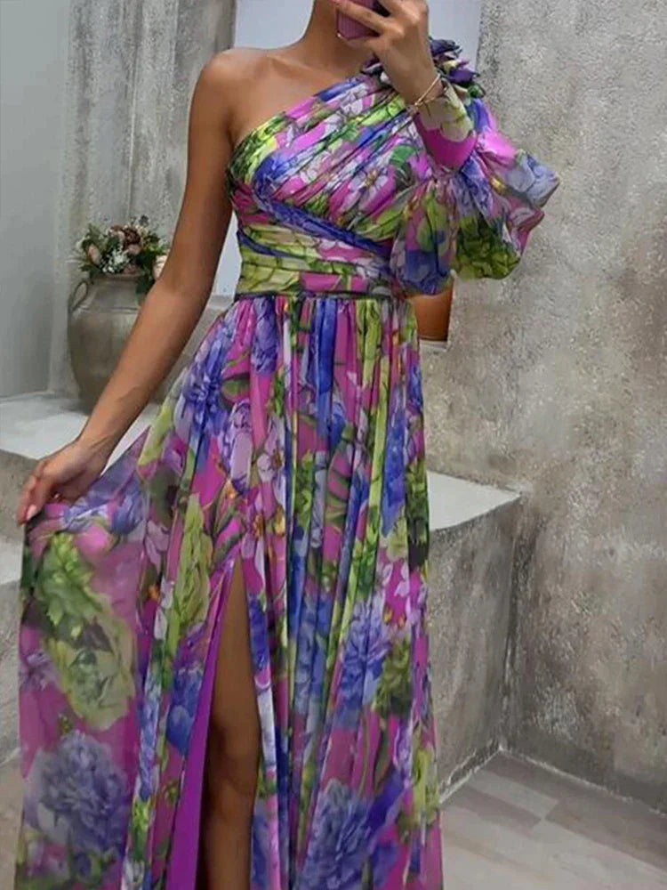 Heidi-Mode -  Lila Druck Seite Schlitz ein Ärmel Sexy Maxikleid