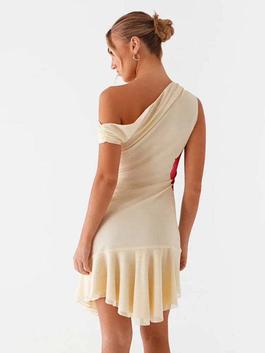 Heidi-Mode | Schräger Kragen Rüschendruck Sexy Mini Kleid für Frauen Off Shoulder Ohne Ärmel Ohne Rücken Hohe Taille Bedrucktes Kleid Vestido