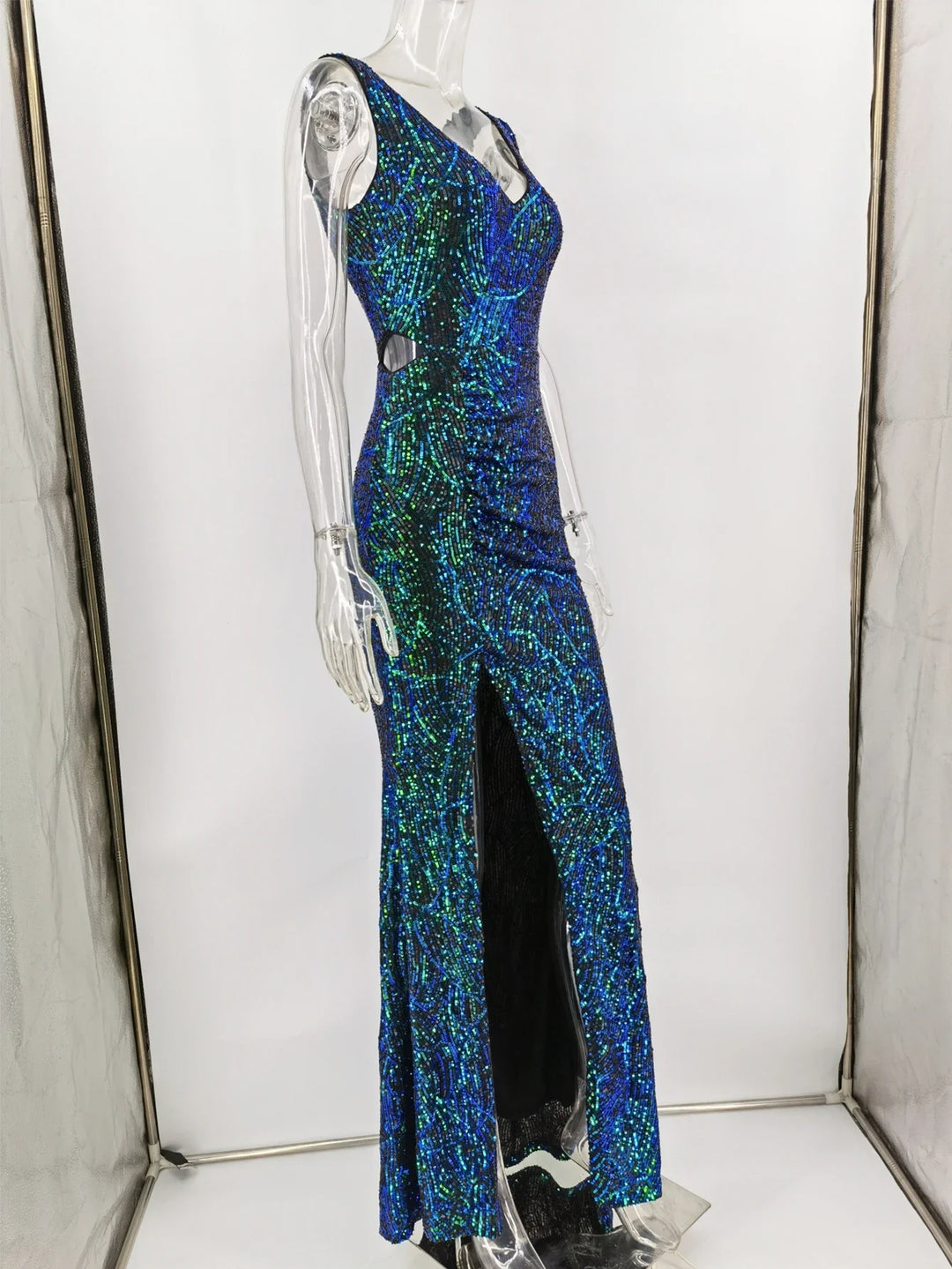 Heidi-Mode | Pailletten Hohes Seitenteil Ärmelloses Maxikleid